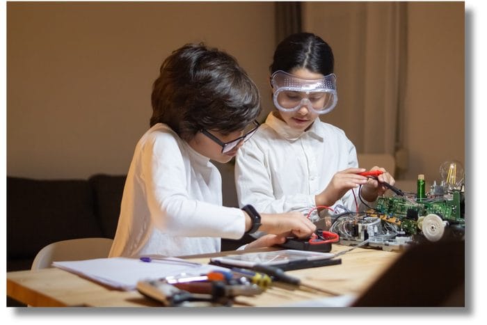 Students building robotics projects